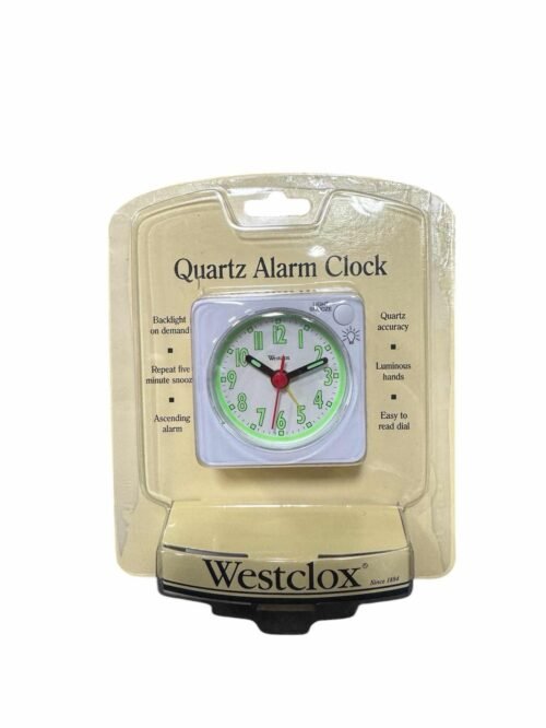 MINIATURE WESTCLOX QUARTZ ANALOG CLOCK, WHITE TRAVEL ALARM CLOCK 2x2x1.5 Battery