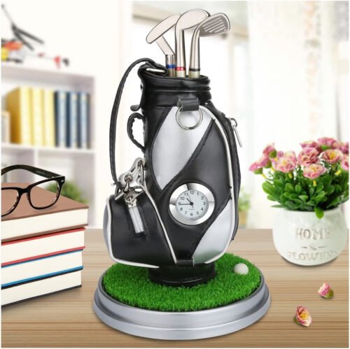 Mini Desktop Aluminum Alloy Golf Bag Pen Holder with Golf Pens Clock 6-Piece Set