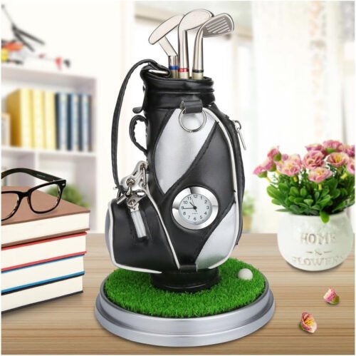 Mini Desktop Aluminum Alloy Golf Bag Pen Holder with Golf Pens Clock 6-Piece Set