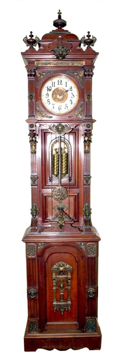 Mint 1901 Ansonia Mahogany Antique Standing Brass Trim Grandfather Floor Clock
