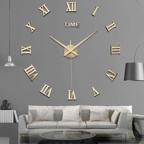 Mirror Surface Large Modern Wall Clock 3D DIY Roman Number Sticker Decor Clock