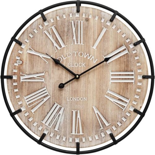 MODE HOME 24 Inch Oversized Famhouse Wall Clock, Rustic Antique Wood with Metal