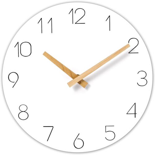 Modern 10 Inch White Wooden Wall Clock Silent Non Ticking Battery Operated Dec