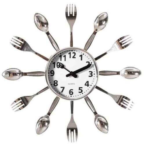 Modern 3D Silver Cutlery Utensil Battery Operated Silent Wall Clock Home Decor