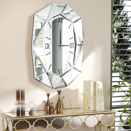Modern Accent Mirrored Wall Clock Beveled Glass Roman Numeral Clock Beveled Edge