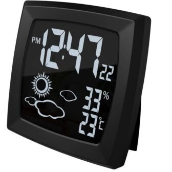 Modern Black Digital Battery Operated Alarm Desk Clock and Indoor Temperature Humidity...