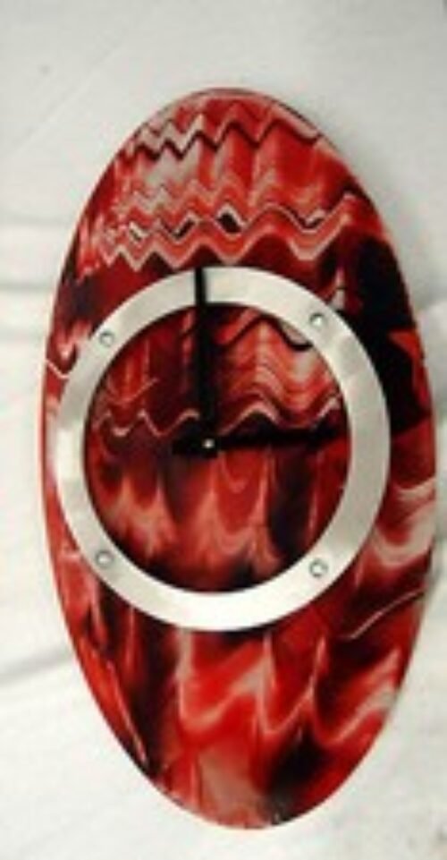 MODERN/CONTEMPORARY RED AND BLUE ACCENTS HAND PAINTED OVAL SHAPED CLOCK #158