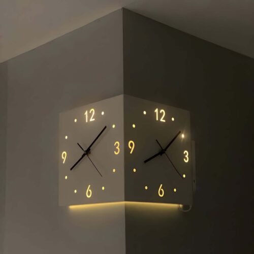Modern Corner Wall Clock w/ Light & Voice Activation Sensor Dual-Sided Luminous