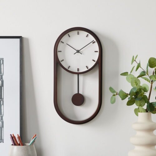 Modern Designed Indoor Faux Wood Pendulum Analog Wall Clock Brown Mahogany