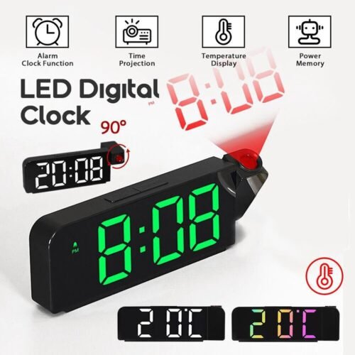 Modern Digital Alarm Clock LED Display Battery Backup Snooze Tabletop Projection