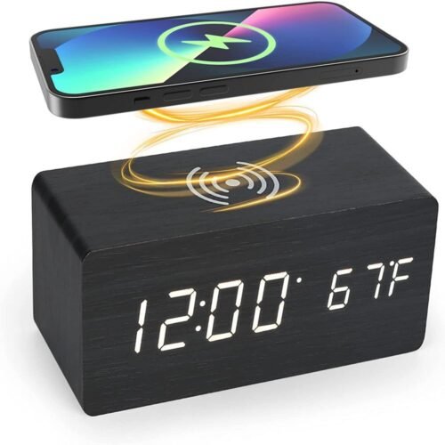 Modern Digital LED Desktop Alarm Clock Thermometer Wooden Wireless Charger