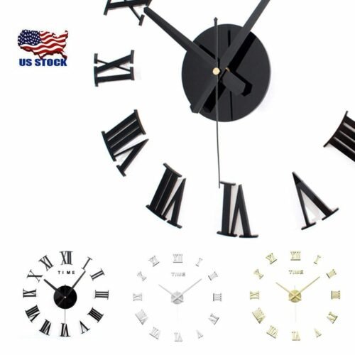 Modern DIY Wall Clock 3D Roman Number Mirror Surface Wall Sticker Decor Clock US
