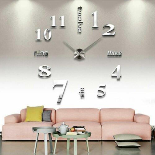 Modern Large Wall Clock 3D Mirror Sticker Unique Number Watch DIY Decor Silver