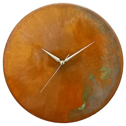 Modern Minimalist Handmade Metal Orange Patina Copper Wall Clock Mid Century Art