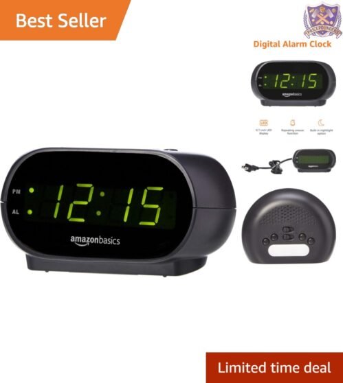 Modern Oval Alarm Clock with Green LED Display and Battery Backup, Black