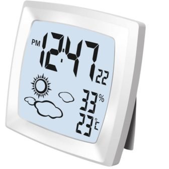Modern Pure White Digital Battery Operated Alarm Desk Clock, Indoor Temperature Humidity...