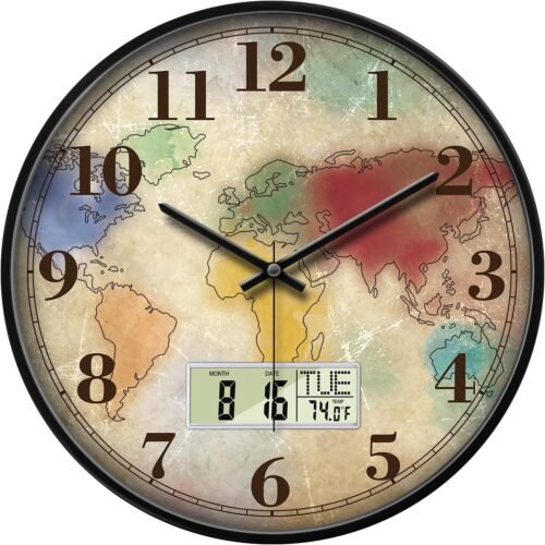 Modern Round Retro Digital and Analog Wall Clock Silent Calendar Colorful Wor...