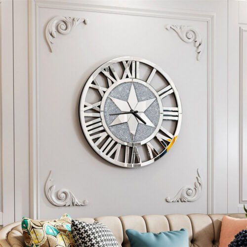 Modern Round Wall Mirrored Clock Crush Diamond Clock Silver Glass Art Home Decor