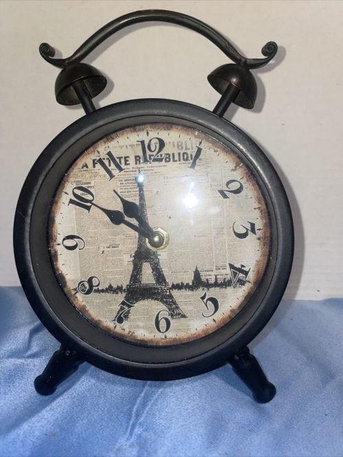 Modern Style Round Tabletop Clock in Dark Rust with Eiffel Tower