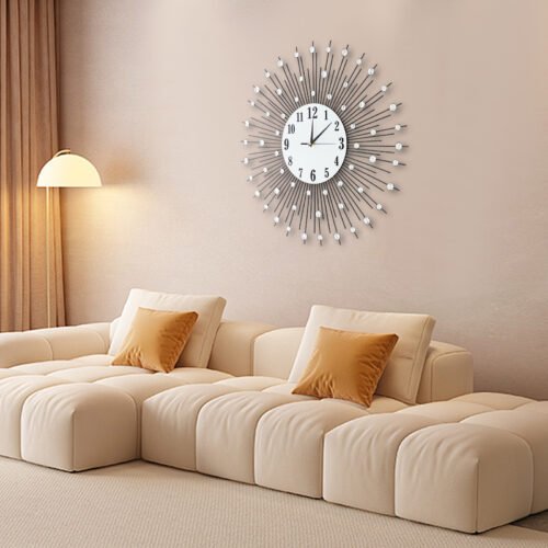 Modern Sun Design Crushed Diamond Crystal Wall Clock 60x60cm Home Large Clock