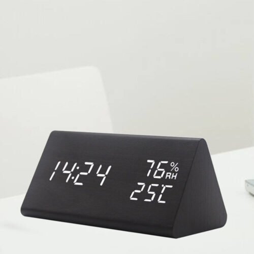 Modern Triangle LED Wooden Alarm Clock Classical Digital Sound Control Desk