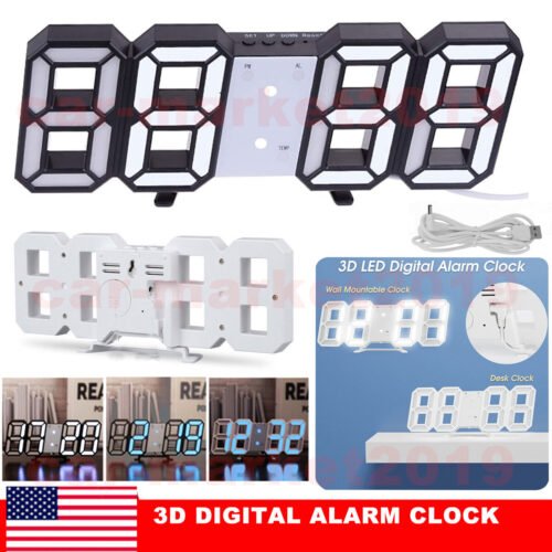 Modern USB 3D LED Digital Desk Alarm Clock for Kitchen Bedroom Office Wall Clock