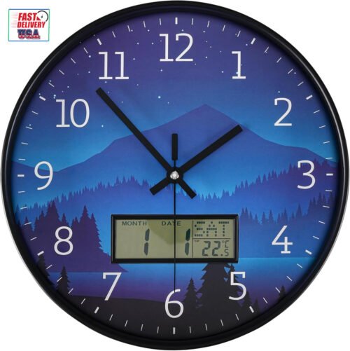 Modern Wall Clock with Digital Day Week Temperature Display with Starry Sky Patt
