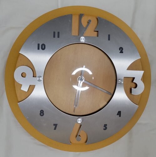 Modern wall clock with solid wood body & brushed silver finish, 11.5 in diameter