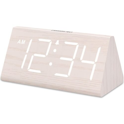 Modern Wooden Alarm Clock with USB Charger, Loud Alarm, Dimmer, for Bedroom Desk