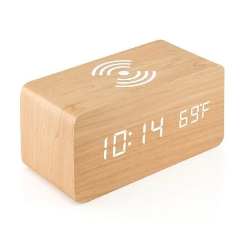 Modern Wooden Digital Alarm Clock with Wireless Charging – Sleek & Functional