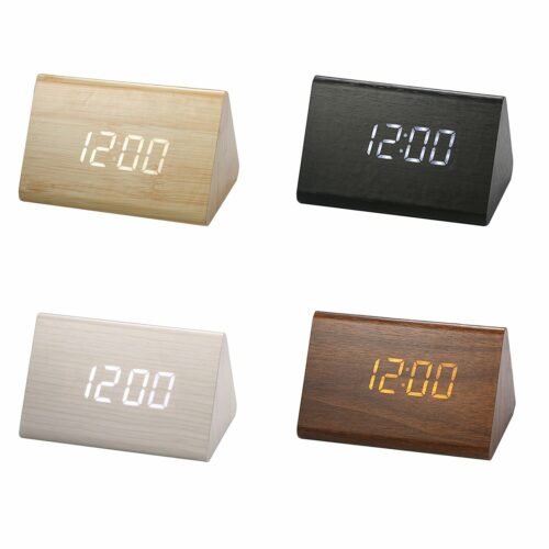 Modern Wooden Digital LED Alarm Clock Wood Backlight Silent Calendar Thermometer