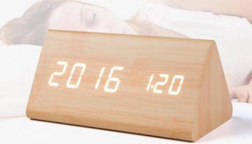 Modern Wooden Digital LED Voice Activate Alarm Clock Thermometer Timer Calendar