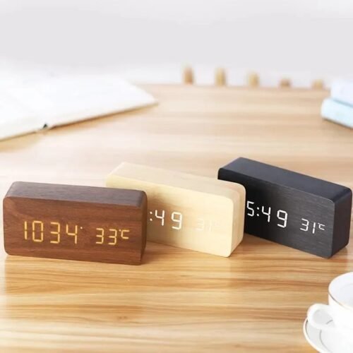 Modern Wooden Wood Digital LED Desk Alarm Clock Thermometer