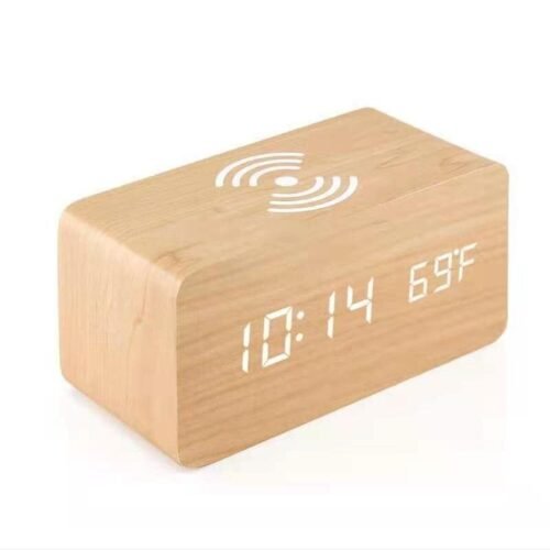 Modern Wooden Wood Digital LED Desk Alarm Clock Thermometer 10W Wireless Charger