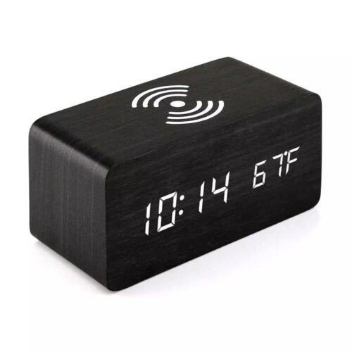 Modern Wooden Wood Digital LED Desk Alarm Clock Thermometer Qi Wireless Charger