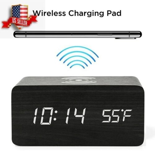 Modern Wooden Wood Digital LED Desk Alarm Clock Thermometer Qi Wireless Charger