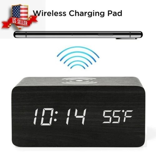 Modern Wooden Wood Digital LED Desk Alarm Clock Thermometer Qi Wireless Charger 2