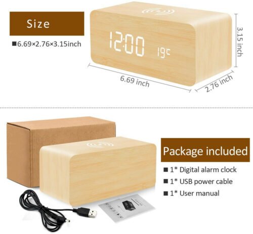 Modern Wooden Wood Digital LED Desk Alarm Clock Thermometer Qi Wireless Charger