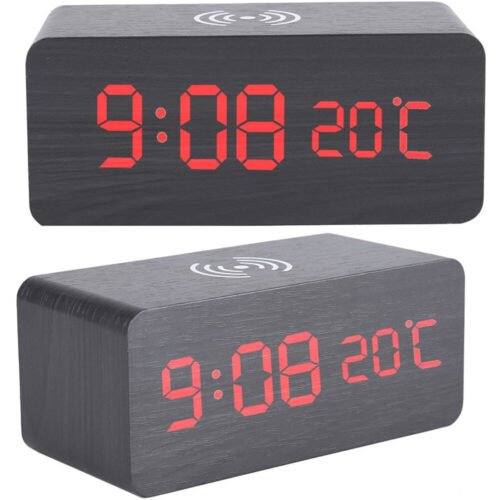 Modern Wooden Wood Digital LED Desk Alarm Clock Thermometer Qi Wireless Charger
