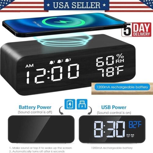 Modern Wooden Wood Digital LED Desk Alarm Clock Thermometer Wireless Charger