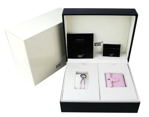 MONTBLANC SET BOHEME PINK LEATHER ALARM CLOCK WATCH SWISS BRACELET 105769 NEW