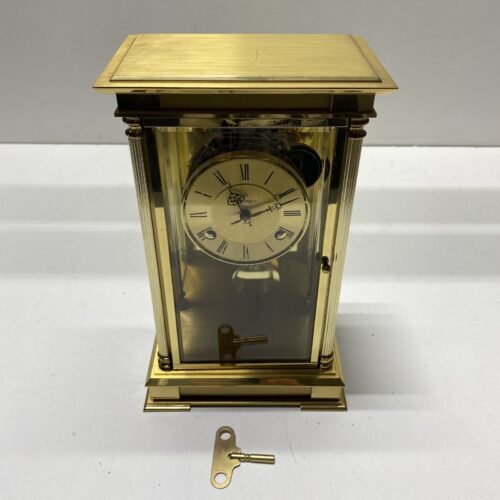 Montreux Brass & Glass Pendulum Chime Clock. 11 inch Tall Vintage Mantel Clock
