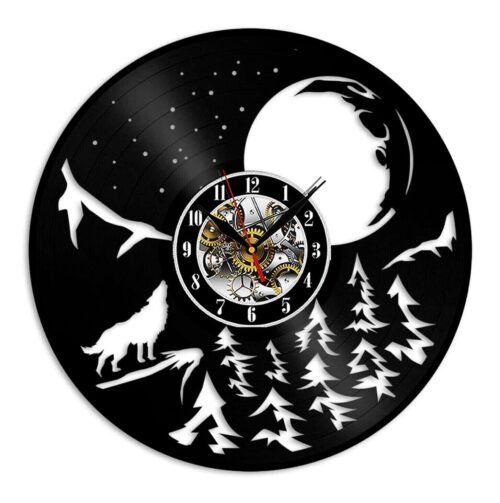 Moon and Wolf Vinyl Wall Clock Home Décor Art Design Best Gift Birthday Holiday
