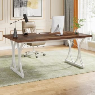 Moronia 62.9 in. Rectangular Brown and White Engineered Wood Computer Desk