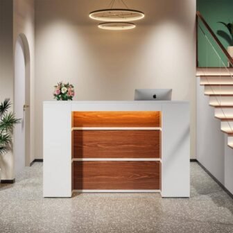 Moronia 63 in. W Rectangular White & Brown Wood Reception Desk with...
