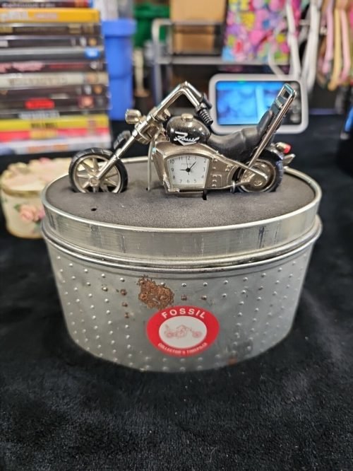 MOTORCYCLE CLOCK DESK BIKE BY FOSSIL BLACK SILVER 2004 LIMITED EDITION CHOPPER*