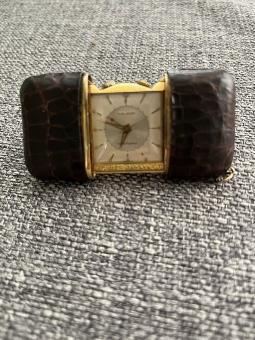 Movado Ermetophon Alarm Slide Wind Pocket/Purse Clock c. 1950s in Alligator Case