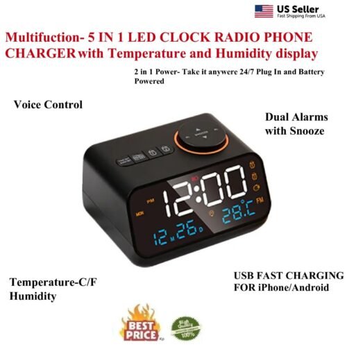 Multifunction Digital-Alarm-Clock-Thermometer- Radio Charger For Iphone Samsung