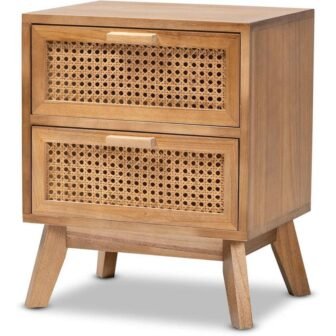 Natural Brown 2 Drawer 15.7 in. W Nightstand with Rattan Design
