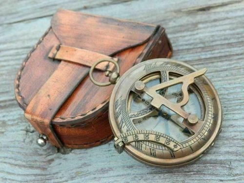 Nautical brass sundial pocket compass with leather case vintage christmas gift